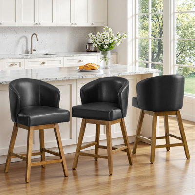 360° Swivel Upholstered Bar Stool With Solid Rubberwood Base, Spring-Cushioned Comfort, 350 Lb Capacity