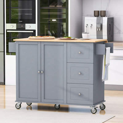 Draden 3 Drawers Rolling Mobile Kitchen Island With Wood Top