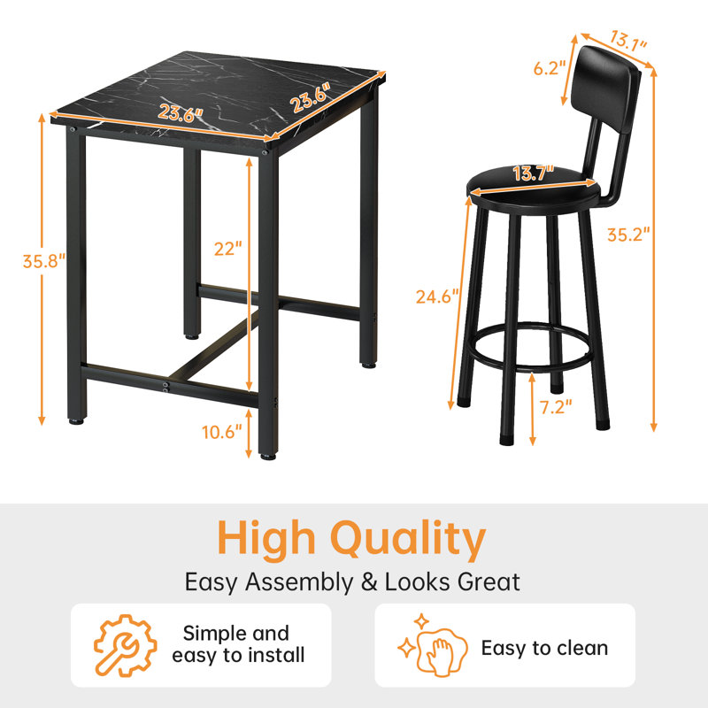 Ensemble de salle à manger industriel haut, table de pub compacte 3 pièces avec 2 tabourets confortables, options de marbre et de bois rustique pour studio et café, noir