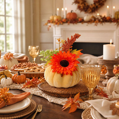 Décoration automnale : tiges décoratives en forme de citrouille artificielle avec dahlias et pommes de pin, mini-poteaux de citrouille pour composition florale sur plateau à étages.