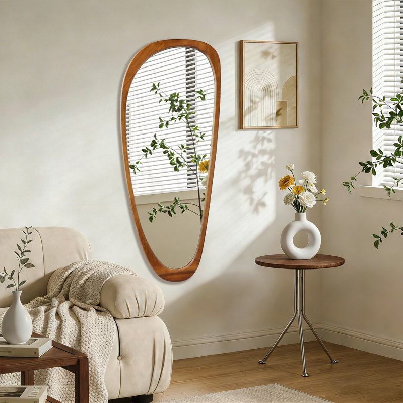 Miroir asymétrique irrégulier pleine longueur avec cadre en bois massif, miroir de plancher mural biologique, 48" x 22", Brun