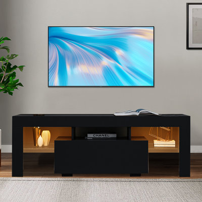 Brimlow Modern style TV stand with drawers and shelves, LED lights up to 58"