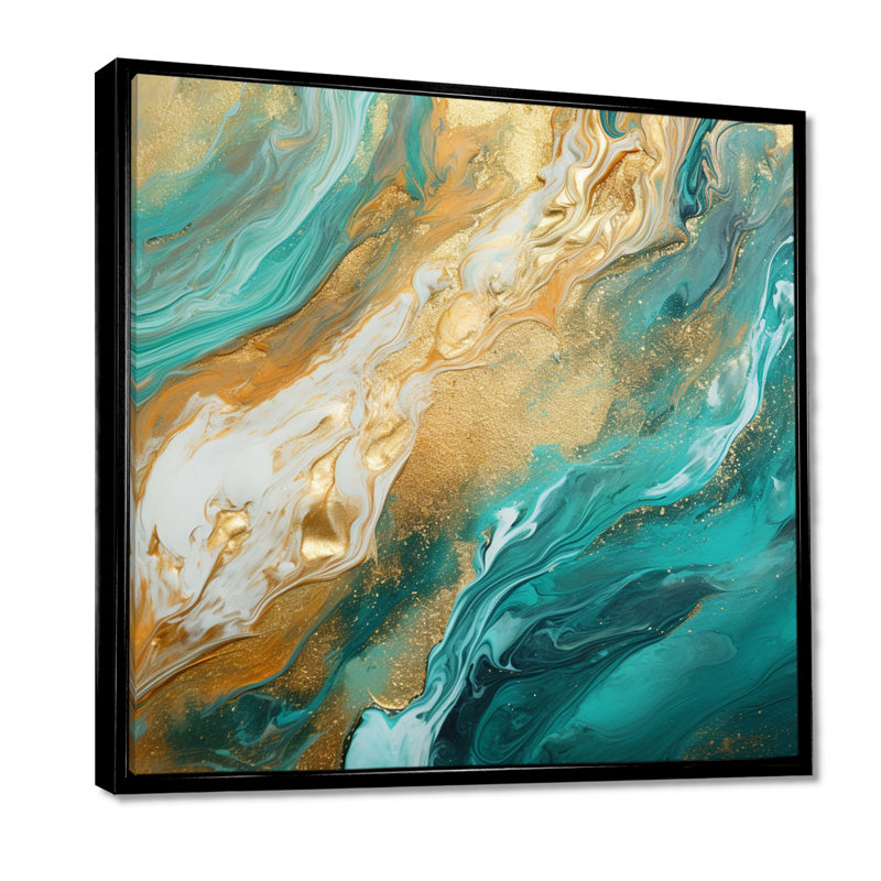 «Summer Bliss Teal Gold» - art mural plage et océan, H 16 po x l 16 po, Cadre flottant noir