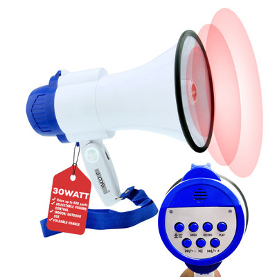5 Core Megaphone 30W Bull Horn PA Speaker w 800 Yards Range USB Loud Siren Voice Amplifier Portable