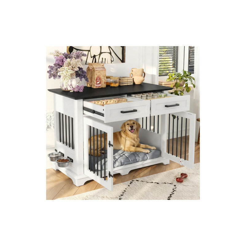 44.48" Large Dog Crate Furniture, White/Black