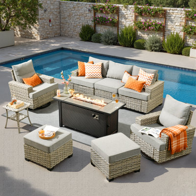 Ensemble de conversation modulaire d'extérieur en osier 7 personnes avec chaises pivotantes et coussins, ensemble de conversation pour patio avec foyer