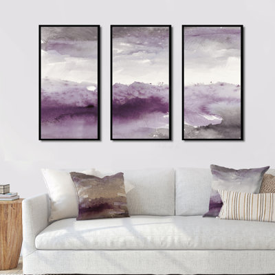 Midnight At The Lake II Amethyst And Grey - 3 Piece Painting on Canvas