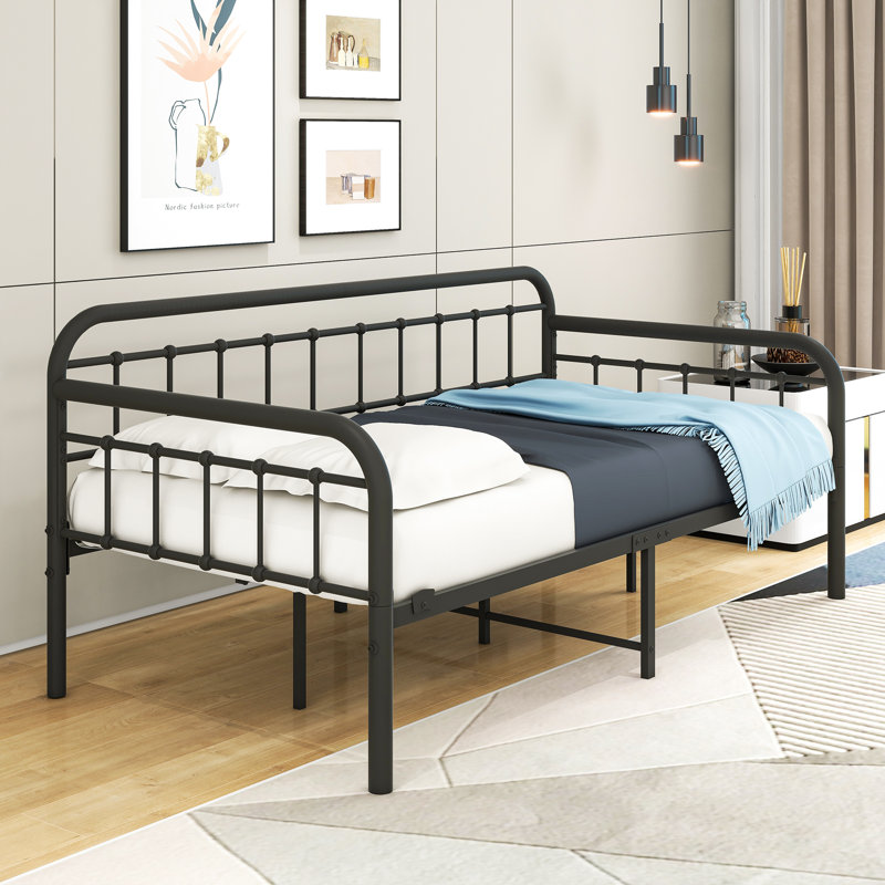 Structure de lit de jour en métal pour lit simple pour chambre à coucher, lit plateforme à lattes en acier robuste avec rangement sous le lit, sans sommier tapissier, noir