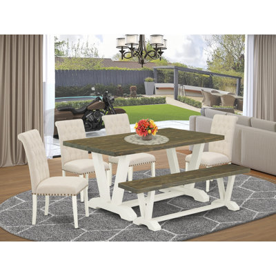 6-Pc Set Includes a Distressed Jacobean Wooden Table and a Small Bench and 4 Light Beige Linen Fabric Kitchen Chairs with Button Tufted Back - Wire Brushed Linen White