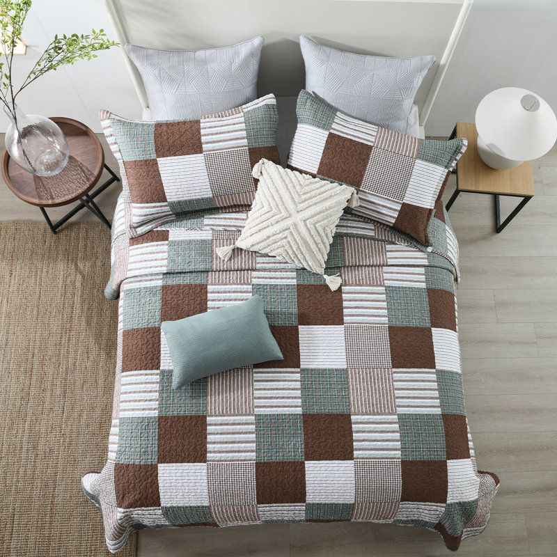 Ensemble de courtepointe 100% coton DDUOXIN Farmhouse Plaid - 1 courtepointe avec 2 taies décoratives, Brun / vert / blanc