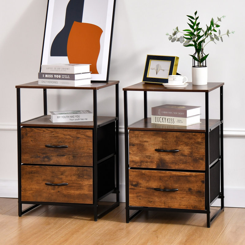 Kindall Industrial Rustic End Table Nightstand With Two Drawers And Open Shelf, Walnut