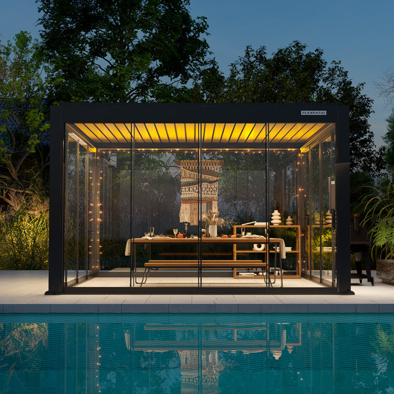 Flexpatio Power+ Pro Motorized Pergola Outdoor Louvered Pergola With 4-Side Sliding Glass Doors, 100" H x 160" W x 160" D