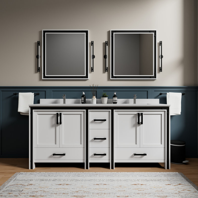 Meuble-lavabo double blanc l 80 po x P 22 po - comptoir en quartz et structure en bois massif à fermeture en douceur pour une utilisation silencieuse 2 armoires 5 tiroirs