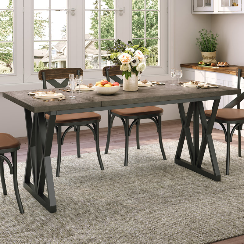 Grande table de salle à manger de 70 po pour 6 personnes, table de cuisine rectangulaire avec pieds en métal robustes, Gris