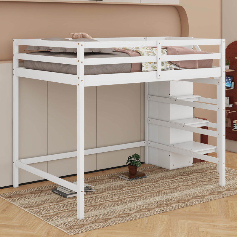 Lit mezzanine double avec garde-robe et escalier, Blanc