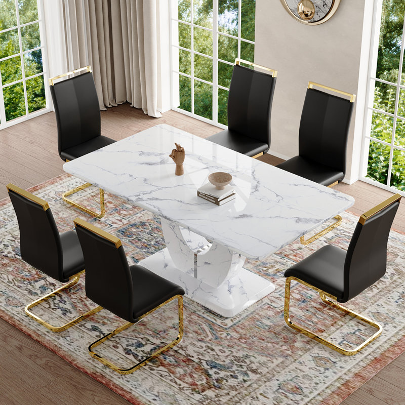 Ensemble de table de salle à manger, Noir / or, Marbre blanc, 7 pièces