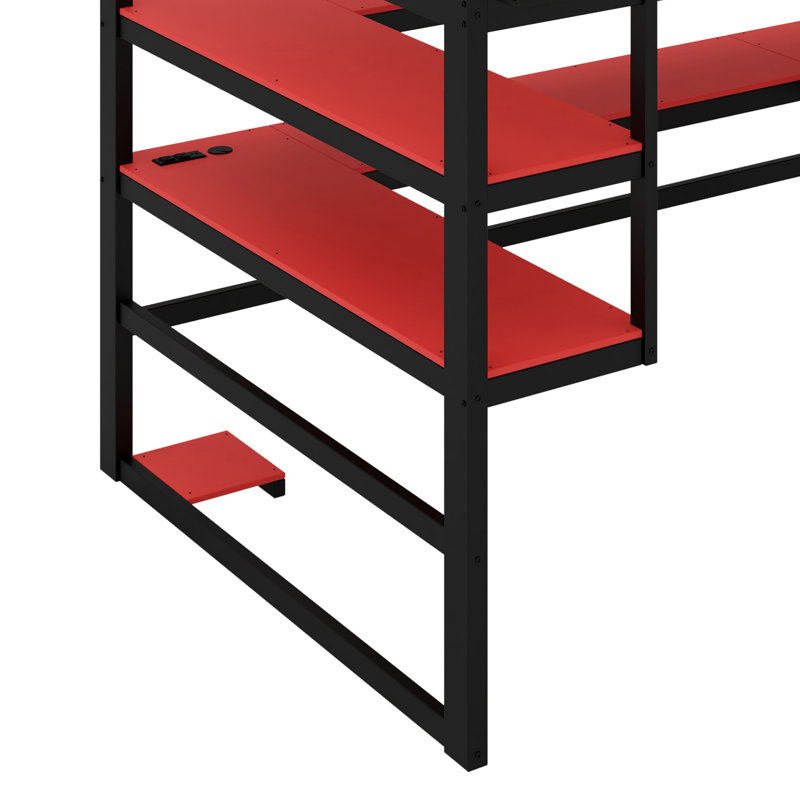 Lit mezzanine en bois peu encombrant, bureau, support de rangement latéral, tablettes et éclairage RVB inclus, Rouge