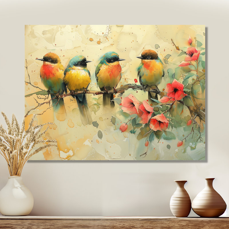 Fleurs jaunes et vertes d'Eden Birds III - décoration murale oiseau, Toile tendue, H 24 po x l 32 po x P 1 po