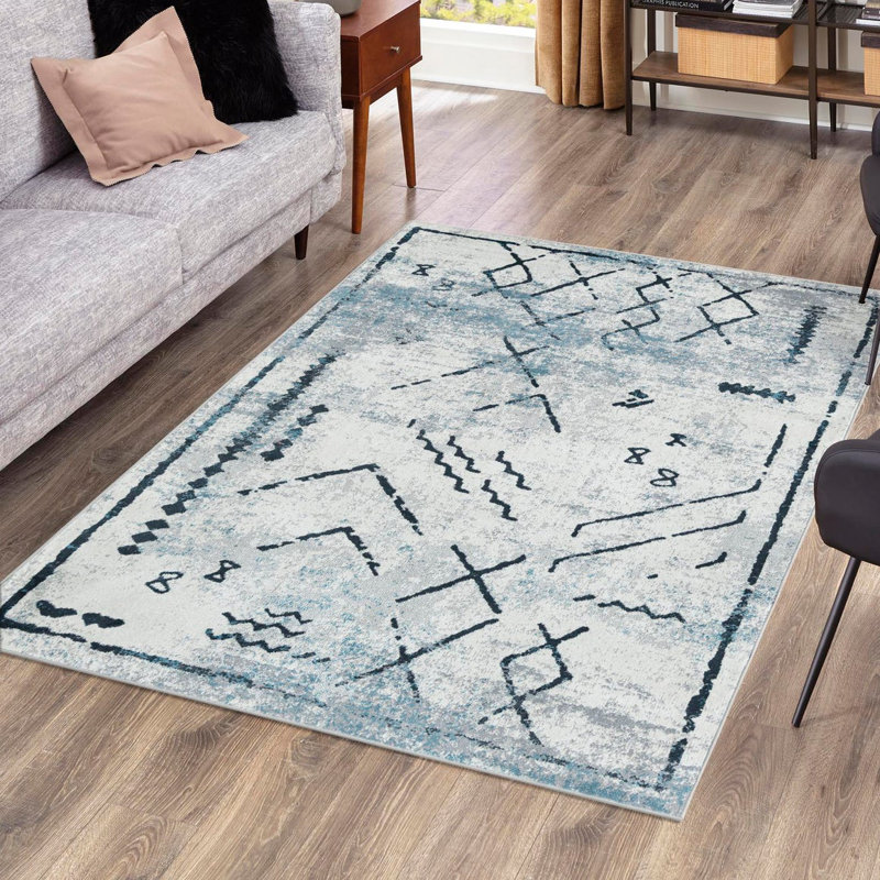 Tapis bleu / ivoire en polyester tissé à la machine Eudora, Rectangle 2 pi x 3 pi 1 po