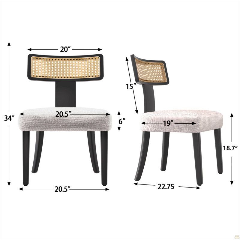 Ensemble de 2 chaises de salle à manger de style Mid-Century moderne, dossier en bois massif et filet de rotin, chaises d'appoint de salle à manger, cadre noir et ensemble de coussins beige