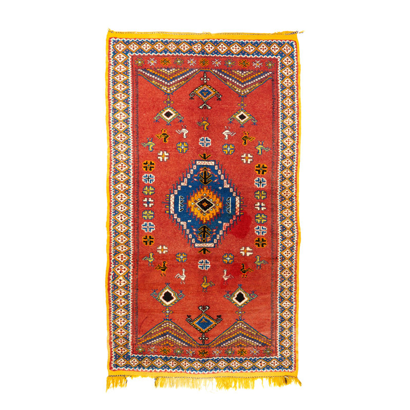 Tapis rouge en laine noué à la main de conception unique 4 pi x 7 pi 4 po