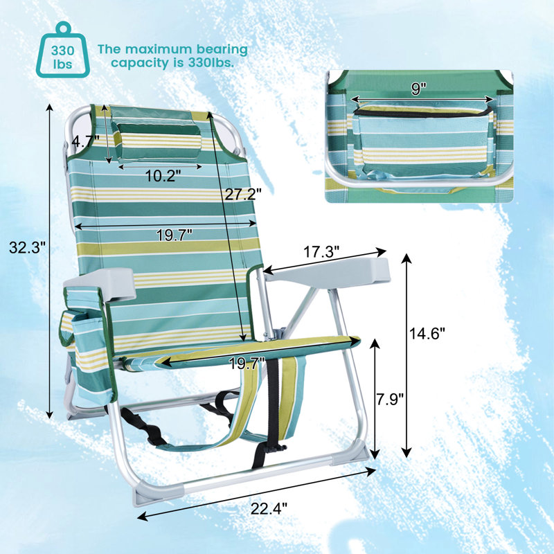 Folding Backpack Beach Chair, 4-position Adjustable Reclining Chair For Beach, Camp, Green Striped