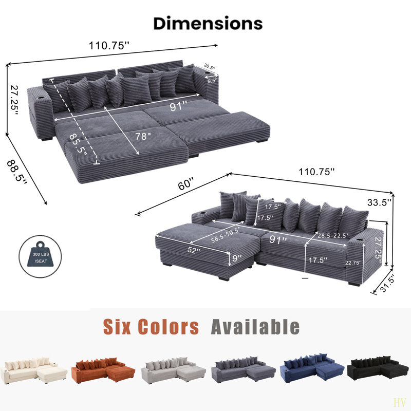 110.75" Modular L Shaped Sofa, Corduroy Fabric Sectional Couch,With A Movable Footstool, Cup Holders,Bring 8 Throw Pillows,Side Pocket,Unfold Into A Bed