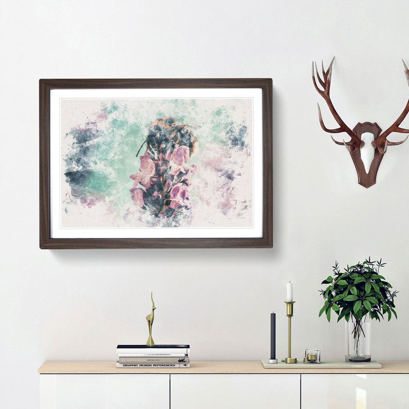 Bee on a Purple Flower Watercolour - Picture Frame Graphic Art Print, Walnut Framed, 36cm H x 48cm W x 2cm D