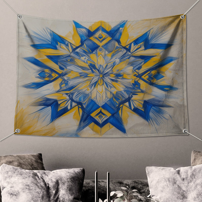 Tapisserie murale bleu kaléidoscope - Mandala, H 50 po x l 60 po avec 4 œillets