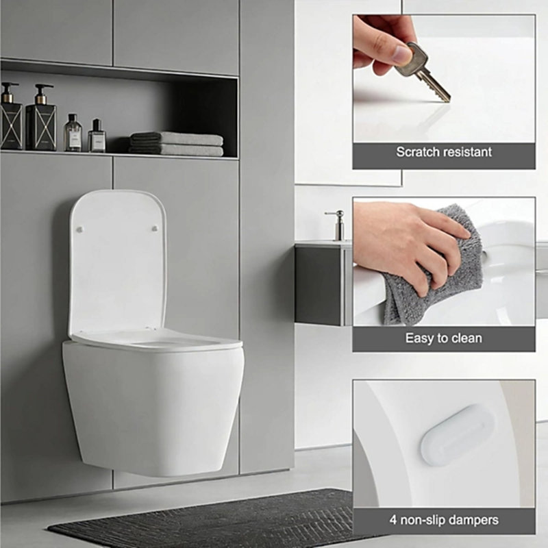 Thin Slim Square Toilet Seat Soft Close, Duroplast, White Quick Release, Easy Clean, Universal Fit, Adjustable Hinges