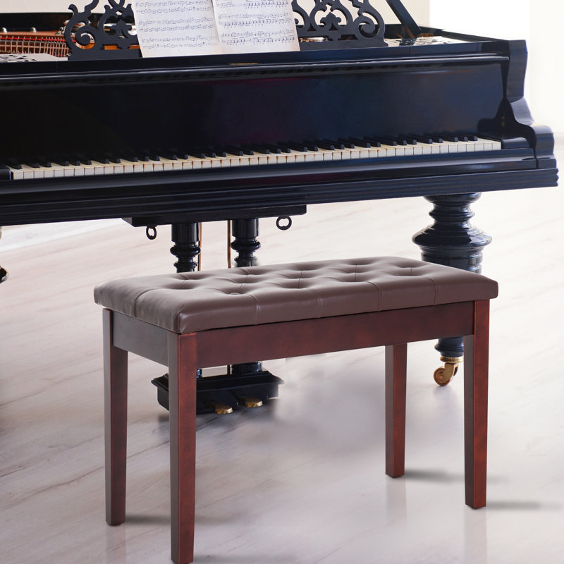 Duet- Keyboard Bench With Faux Leather Cushion And Robust Wooden Frame In Brown Piano Upholstery Base For Duets