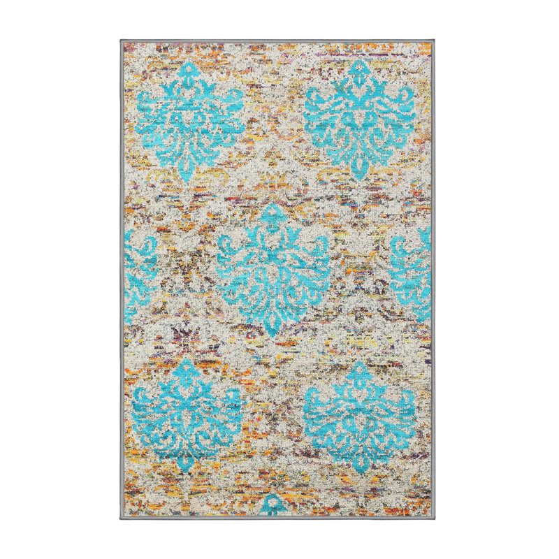 Tapis bleu/jaune contemporain, Rectangle 3 pi x 5 pi