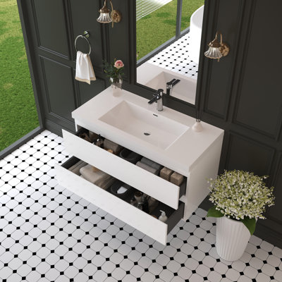 Meuble-lavabo flottant de 42 po avec lavabo, comptoir à surface solide blanc brillant, tiroirs à fermeture en douceur, look minimaliste, espace, lavabo en résine, installation facile, conception en bois durable, comptoir, comptoir