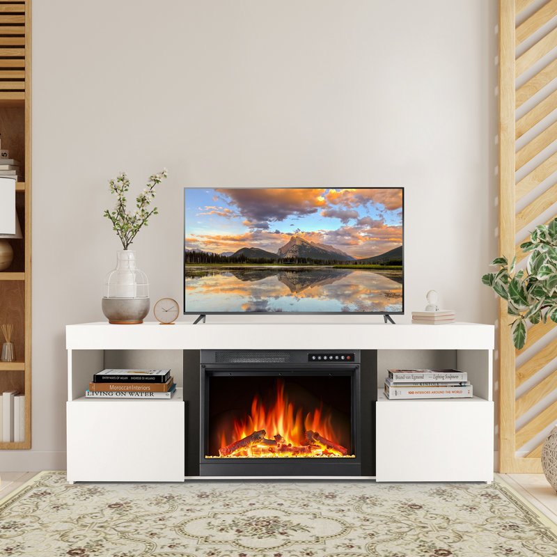  60" Fireplace TV Stand With Electric Fireplace,Remote ,Timer & Adjustable Led Flame, White