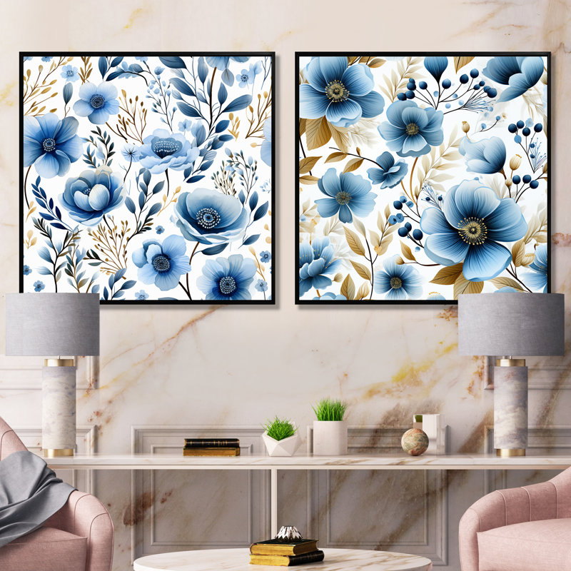 Wrentham - ensemble de salon mural art floral, Cadre flottant noir, H 30 po x l 61 po x P 1 po