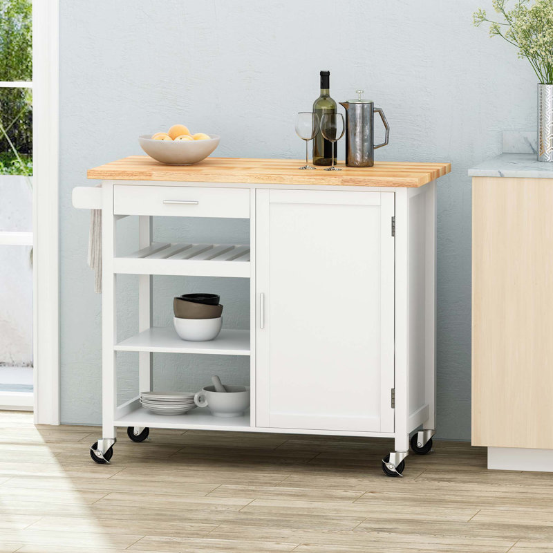 Chariot de cuisine en bois massif, Blanc