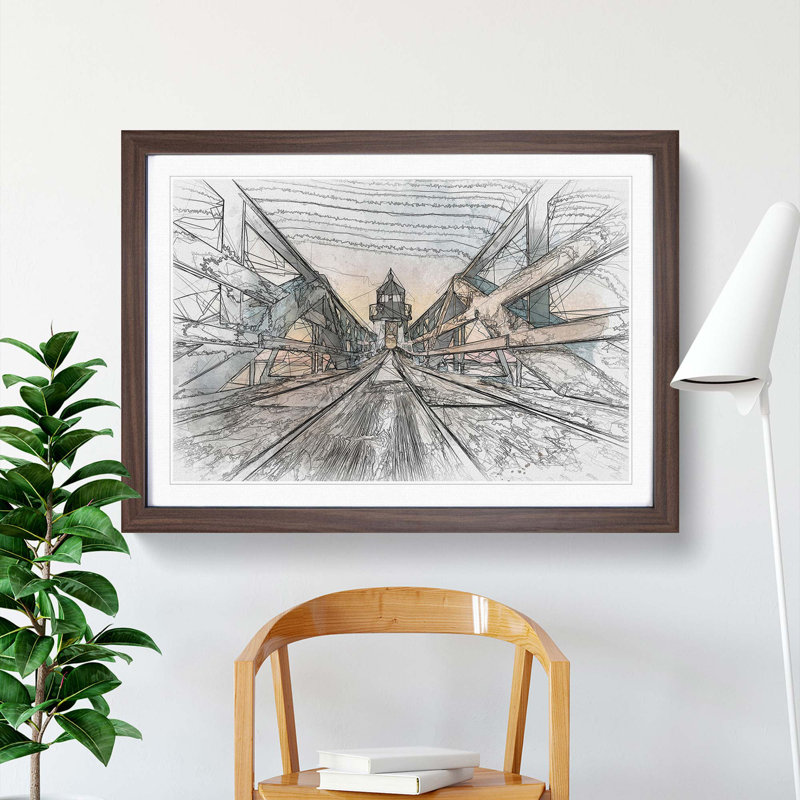 Lighthouse at the Piers End in Abstract - Picture Frame Graphic Art Print, Walnut Framed, 62cm H x 87cm W x 2cm D