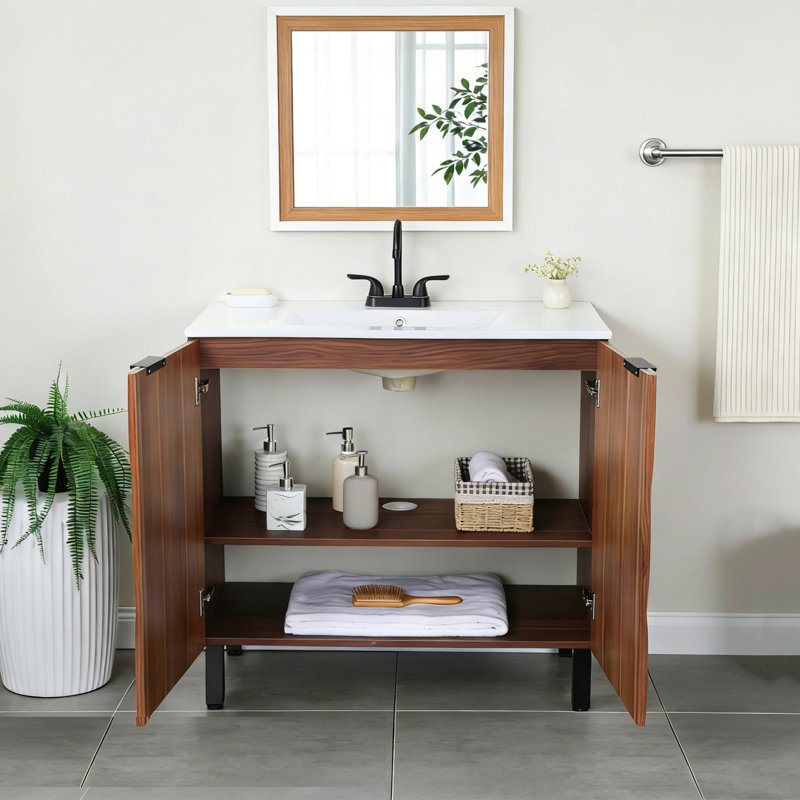Ensemble de meuble-lavabo sur pied moderne en chêne noyer, 35.4"
