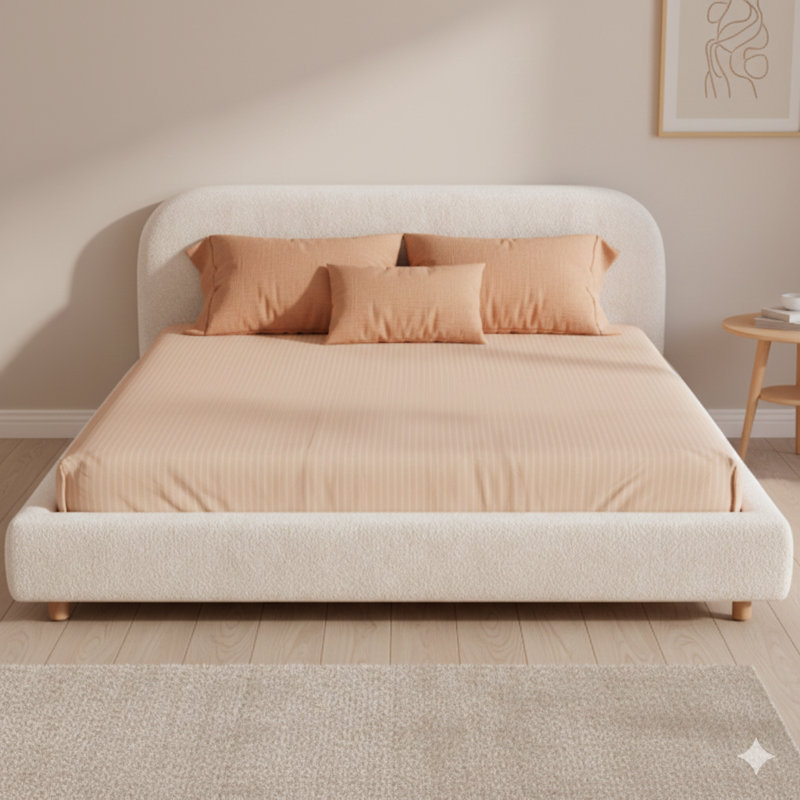 Très grand lit tapissier en tissu bouclé, doté d'une tête de lit épaisse avec une silhouette incurvée et soutenu par des pieds en bois massif. Couleur: blanc.