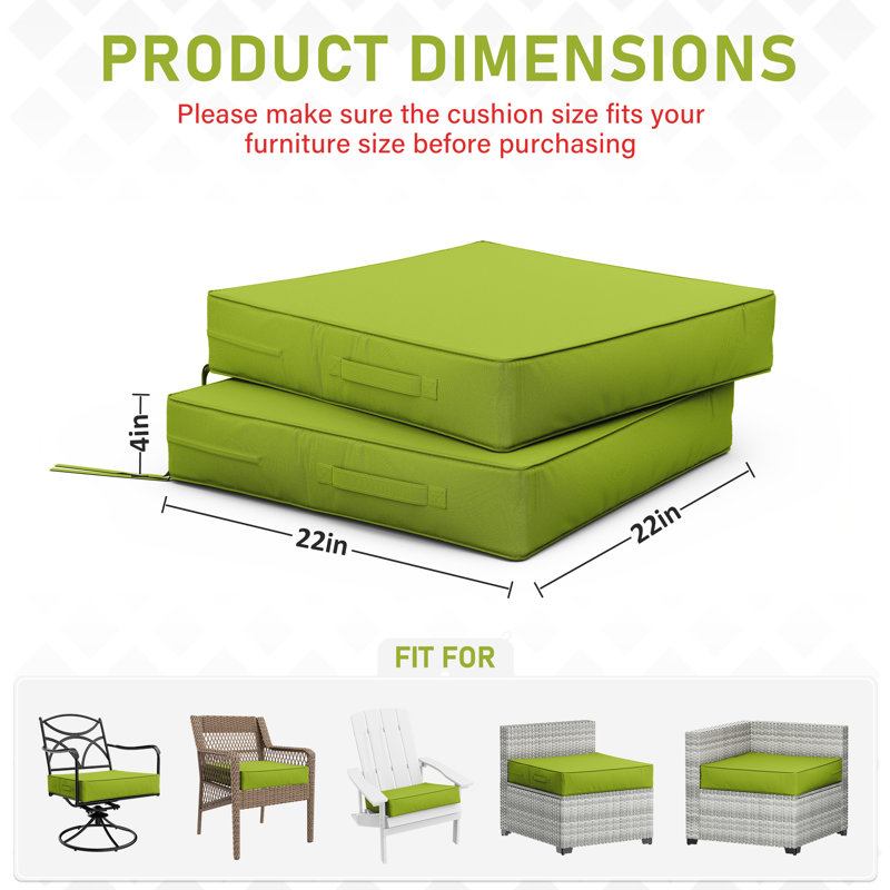 Coussins de siège d'extérieur (ensemble de 2), L 22 po x P 22 po, 4 pouces, Vert gazon