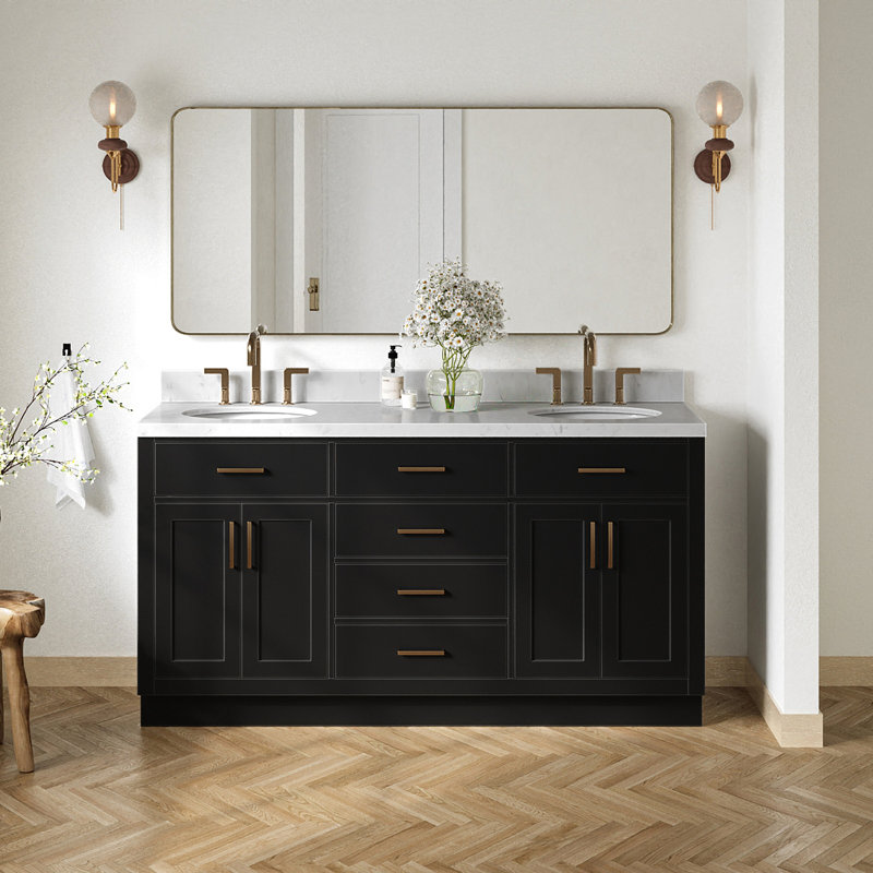 Meuble-lavabo double en bois massif 66 po avec plateau en quartz Carrara de 1,5 po Thornaby, Ovale, Noir / laiton satiné
