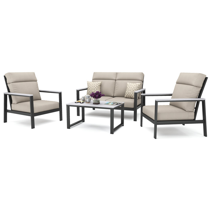 Ensemble de conversation pour 4 personnes avec coussins Sunbrella® Mehar, Argent coulé, Gris foncé / Blanc