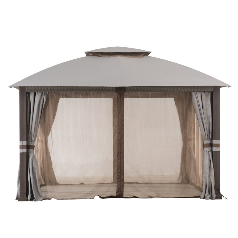 Sunjoy Outdoor Patio Steel Frame 11 x 13 ft. 2-Tier Soft Top Gazebo with Canopy Roof, Netting and Curtains, Khaki
