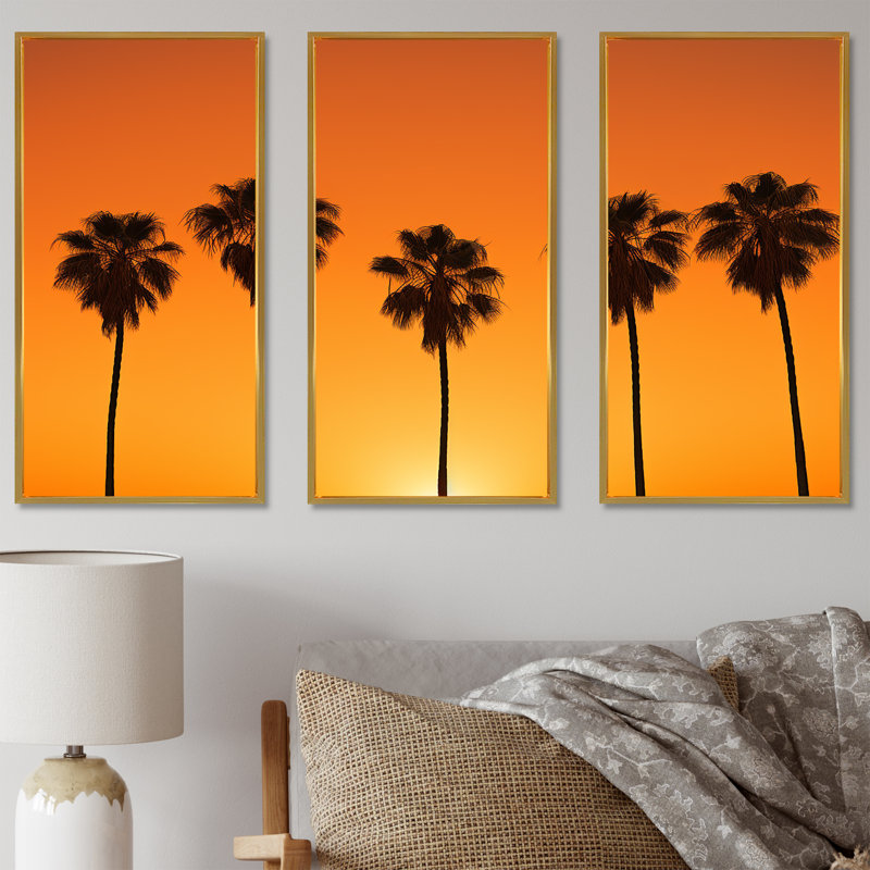 Golden Sunrise Palm Trees - Palmiers et palmiers, ensemble de reproduction d'art mural, Cadre flottant doré
