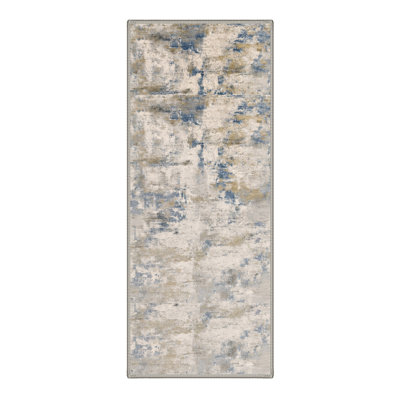 Machine Washable Abstract Ivory / Blue Hallway Runner With Non-Slip Backing