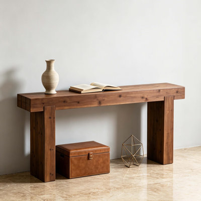 Rustic Chunky Solid Wood Console Table, Narrow Rectangular Farmhouse Entryway Sofa Table with Thick Block Legs for Hallway & Living Room