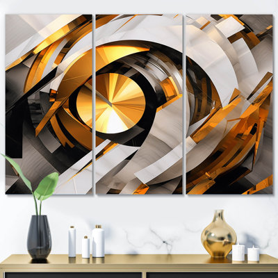 Gold Black Fractal Tide IV - 3 Piece Wrapped Canvas Print