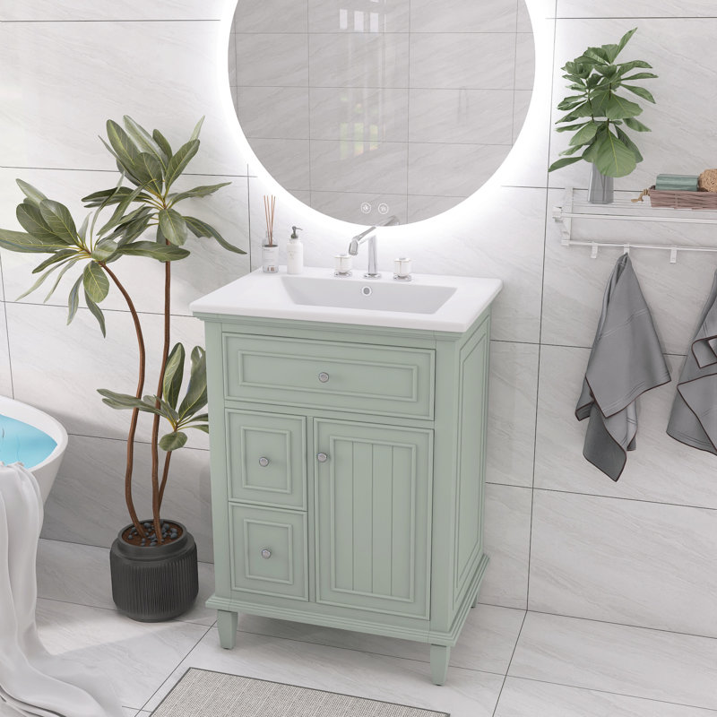 Ensemble de meuble-lavabo en bois massif et en bois massif avec 3 tiroirs et une tablette réglable, Vert clair