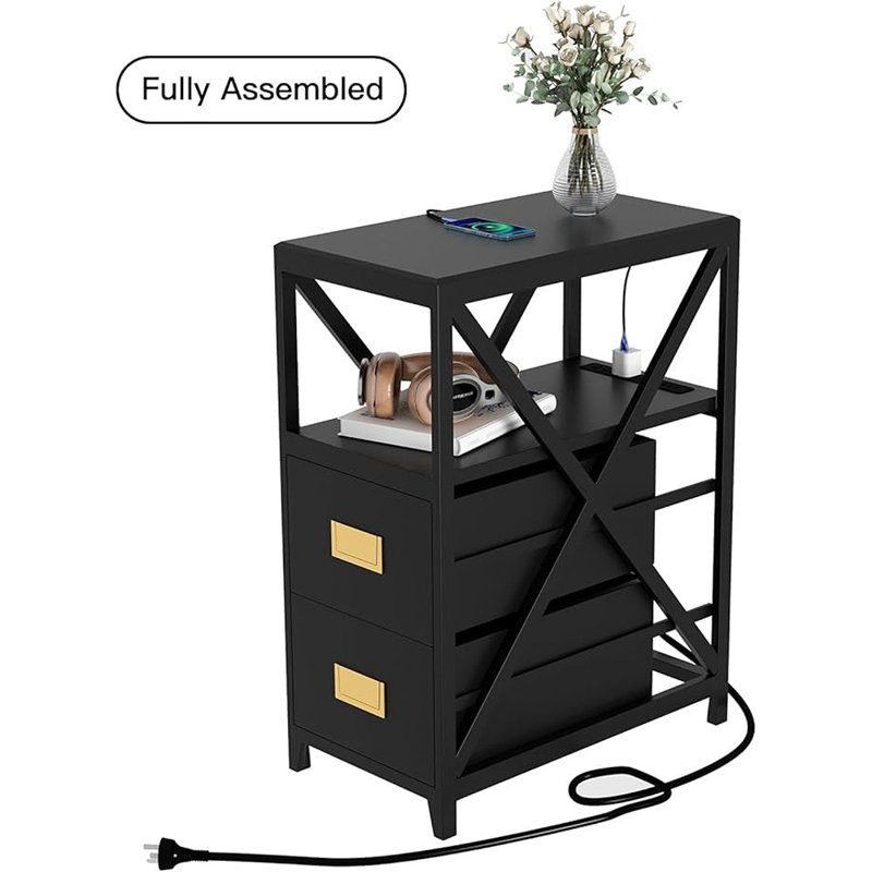 Black Narrow Side Table with USB Ports and Brass Handles