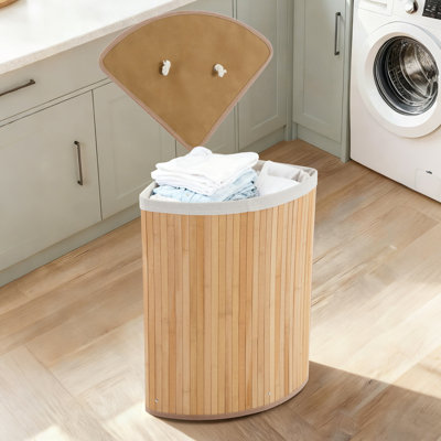 58L Bamboo Laundry Basket, Corner Laundry Hamper with Washable Liner, Foldable Washing Baskets, Corner Storage Basket with Lid and Handles
